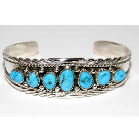 Navajo Kingman Turquoise Cluster Cuff Bracelet A. Chapo Sterling Silver